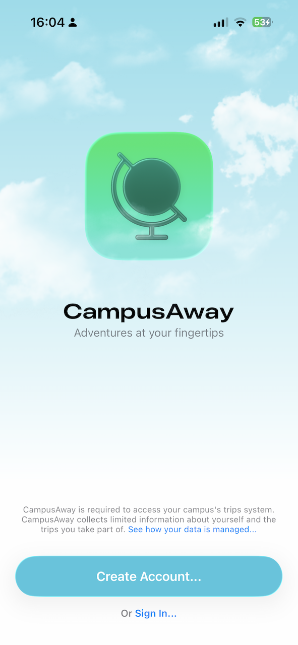 Campus Away — écran d'accueil