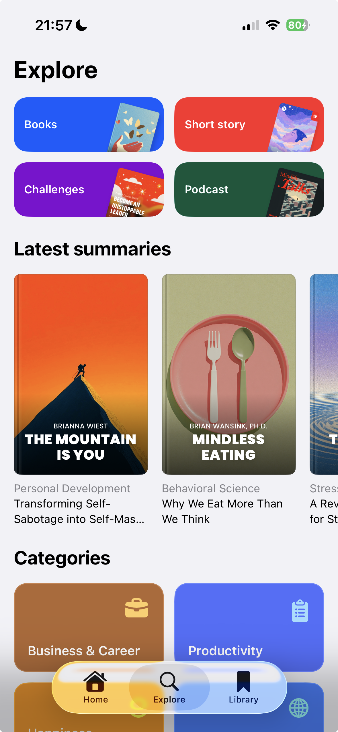 MindLift — écran Explore sur iPhone 16 Pro